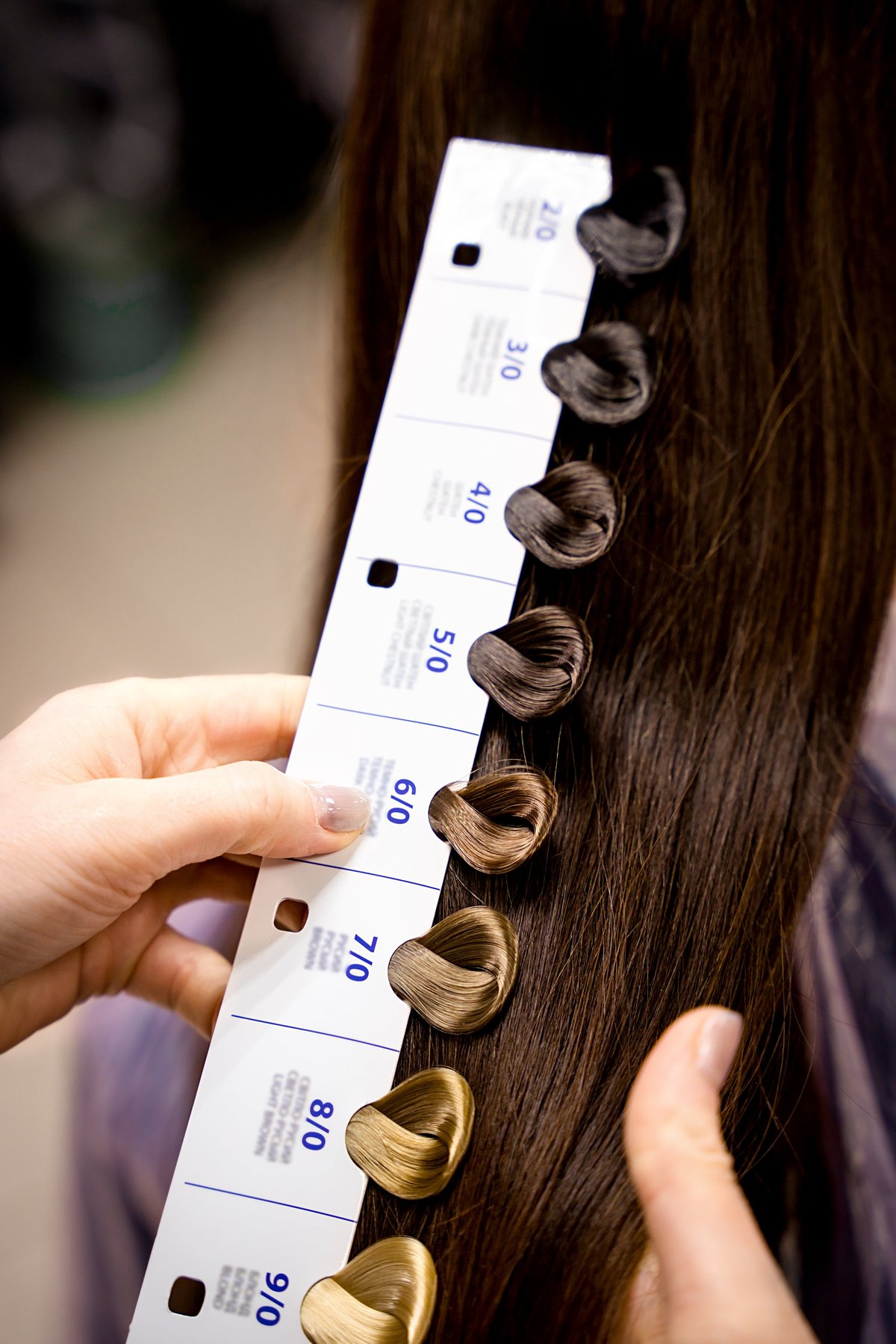 Colour shade chart held against client hair during a colour consultation